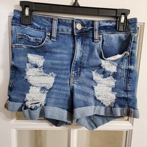 Aeropostale High Rise Midi Distressed Denim Shorts Sz 2 Medium Wash Rolled Cuff